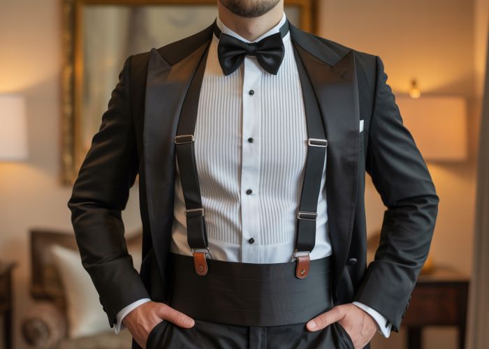 Man wearing a tuxedo with a black cummerbund and white braces, showcasing classic menswear style.