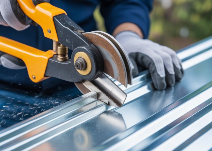 Close-up of power shears cutting corrugated metal roofing