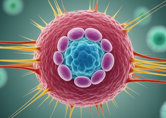 Microscopic image of a cell dividing, showing the cytoplasm splitting during cytokinesis.