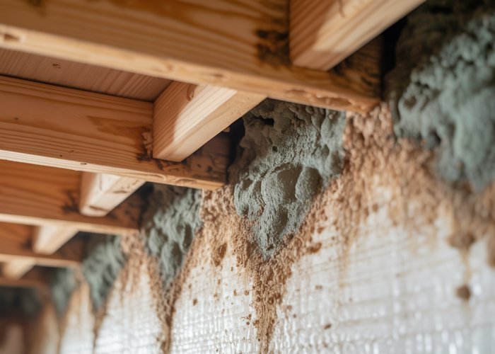 Severely damaged moisture barrier under a house showing mold and water damage, indicating potential structural issues.
