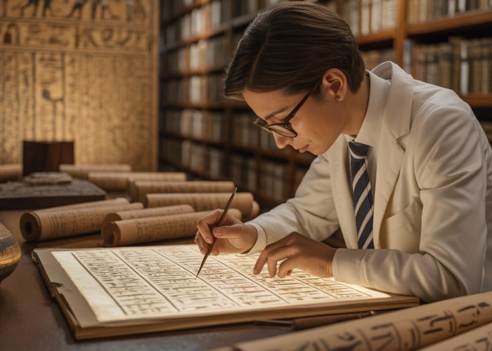 Researcher studying ancient Egyptian hieroglyphs in a library filled with scrolls and artifacts.