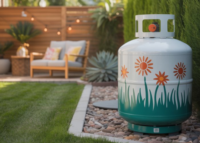 Propane tank painted as a ladybug in a backyard garden.