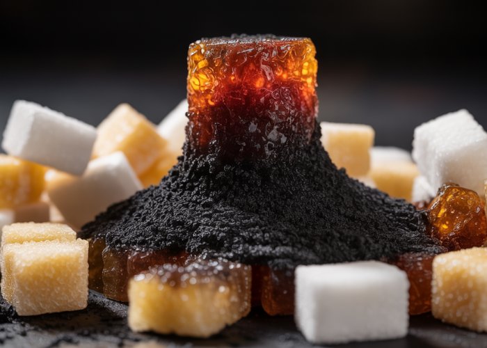 Table sugar undergoing dramatic dehydration reaction with sulfuric acid, forming a black carbon tower.