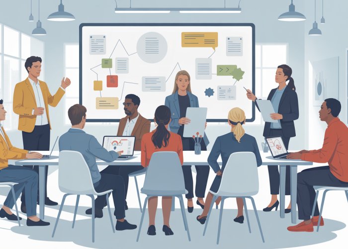 Illustration of the Delphi method in action, showing a team collaboratively reaching consensus through anonymous feedback.