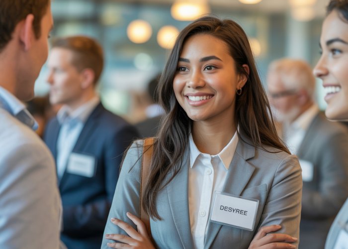 Desyree, a young professional, wears a name tag with her name intentionally misspelled, smiling at a networking event.