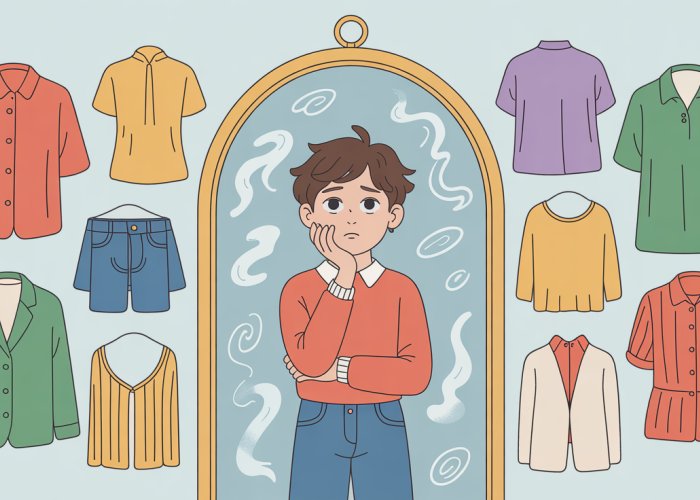 Young person contemplates their reflection while exploring different aspects of identity.