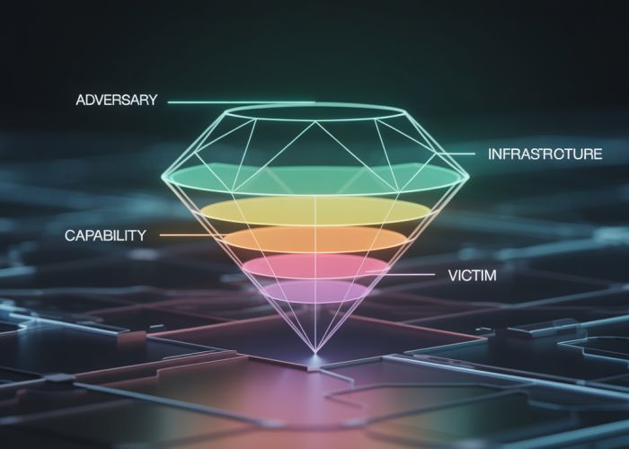 Graphical representation of the Diamond Model of Intrusion Analysis highlighting the relationships between adversary, capability, infrastructure, and victim in a cyber attack.