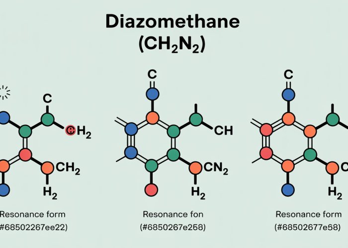Resonance structures of diazomethane (CH2N2) showing electron delocalization and formal charges.