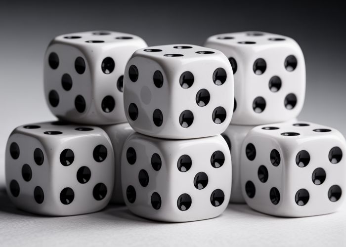 Close-up of six dice showing numbers 1 through 6