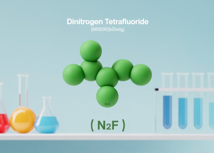 Molecular structure of dinitrogen tetrafluoride (N2F4), a colorless gas.