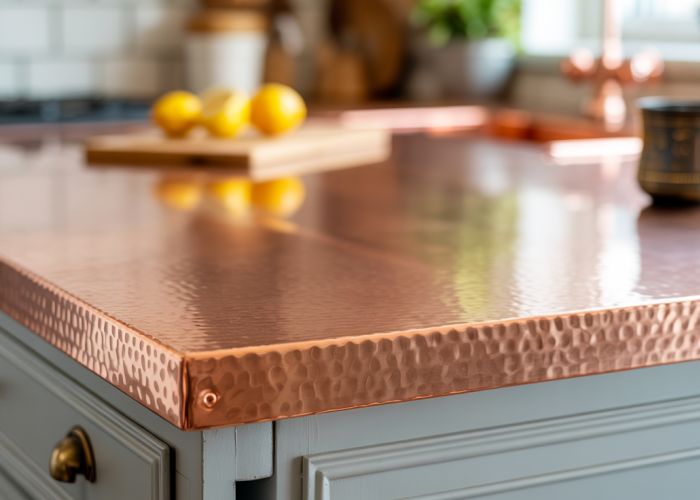Close-up of handcrafted copper countertop in a modern kitchen, highlighting its unique texture and warm color.
