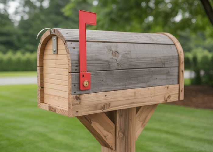 Handmade mailbox post with a reclaimed wood design and unique address plaque.