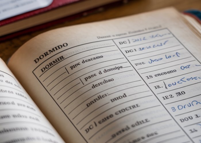 Spanish textbook page showing the 'dormir' past participle conjugation, with focus on 'dormido'.