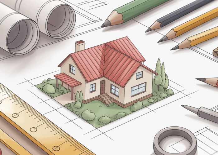 Hand-drawn sketch of a house being designed, surrounded by architectural tools.