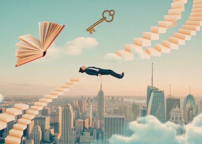 Surreal dreamscape representing dream analysis psychology, featuring floating figure and symbolic elements.