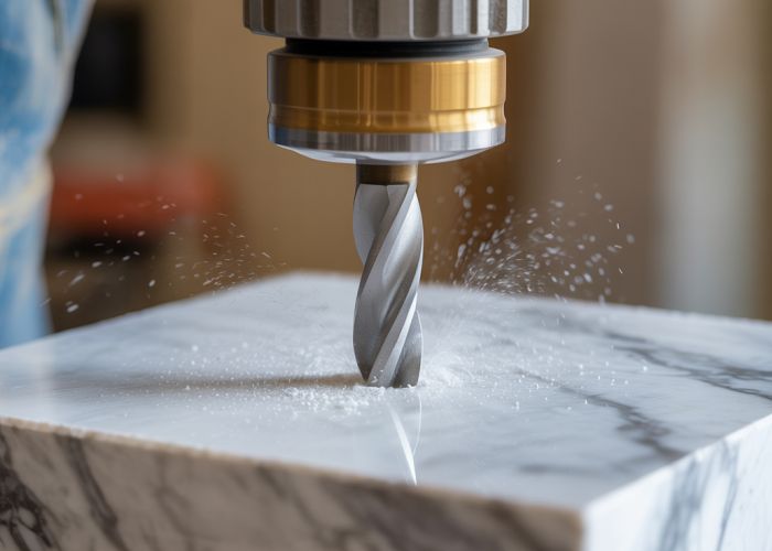 Diamond drill bit cutting through white marble.