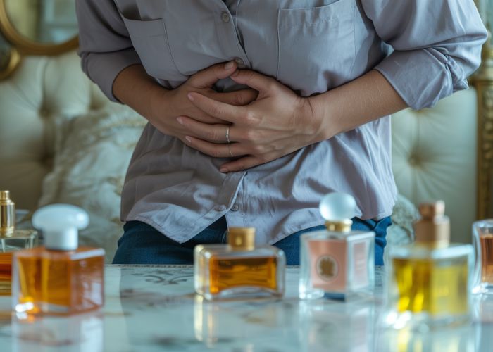 Person clutching stomach with perfume bottles around them, illustrating the negative effects of drinking perfume.
