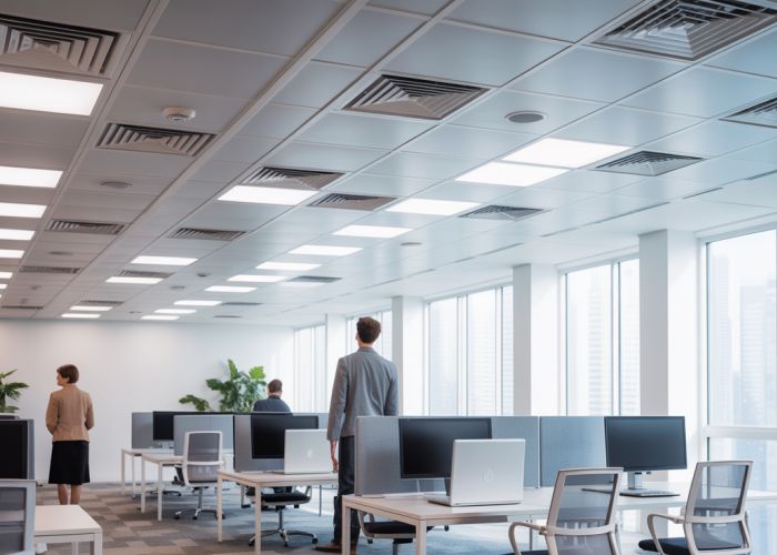 Modern office space with different types of drop ceiling diffusers providing optimal airflow.