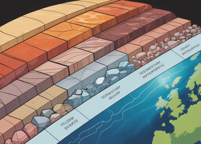 Diagram of Earth's crust showing the composition of oceanic and continental crust, highlighting different rock types and key minerals.