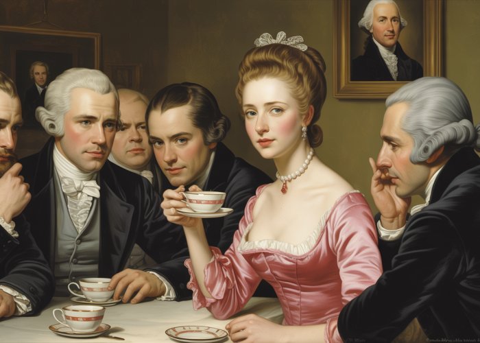 Scene depicting a tense gathering, illustrating the social and political fallout of the Eaton Affair, highlighting the central figure of Margaret Eaton.