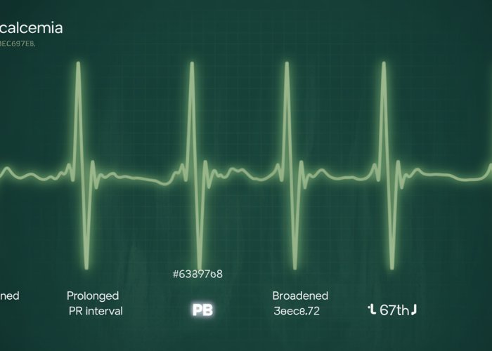 ECG tracing showing the characteristic changes associated with hypercalcemia: shortened QT interval, prolonged PR interval, and broadened T waves.
