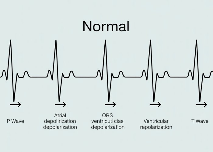 ECG Waveform Explanation: Labeled P wave, QRS complex, and T wave, illustrating atrial and ventricular depolarization and repolarization.