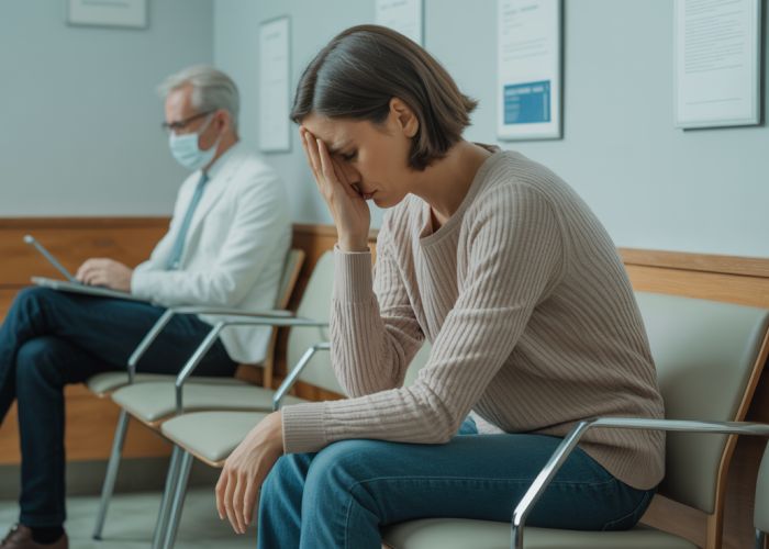 Tired patient waits in doctor's office, illustrating the effects of disease.