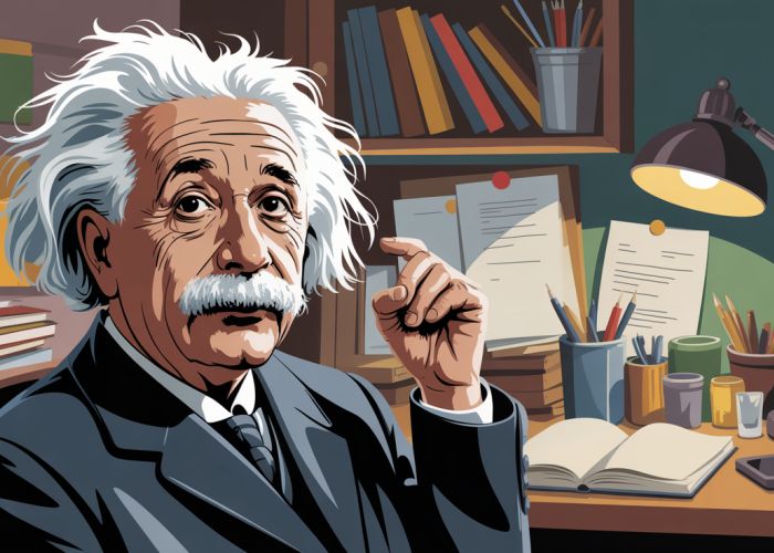 Portrait of Albert Einstein with subtle visual cues suggesting ADHD, like a cluttered desk and unfocused gaze.
