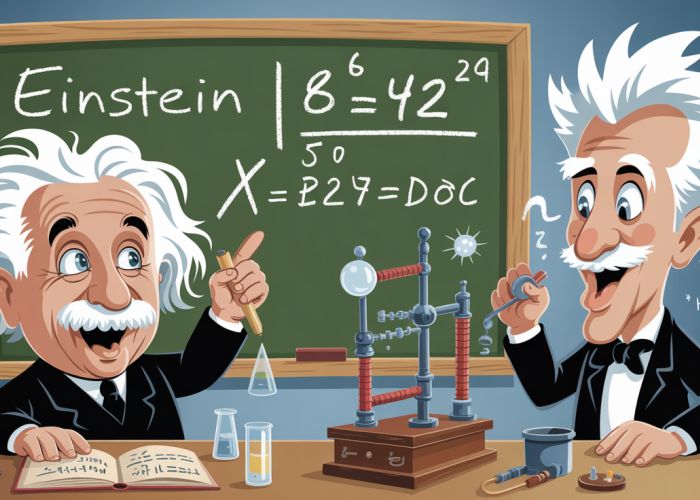 Cartoon illustration of Einstein and Edison competing, Einstein with math, Edison with an invention.