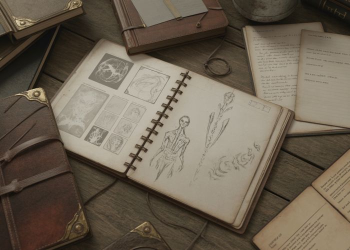 Collection of physical files from the development of Elden Ring, including concept art and design documents.