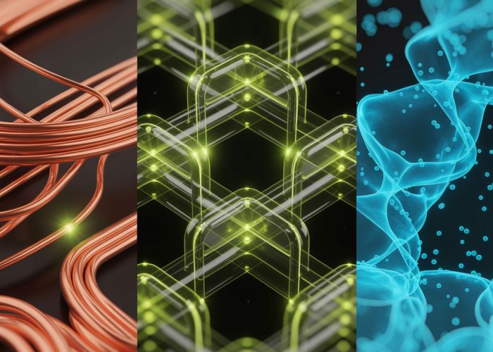 Visual representation of electrical current carriers (electrons, ions, holes) flowing through various materials like copper, semiconductors, and electrolytes.