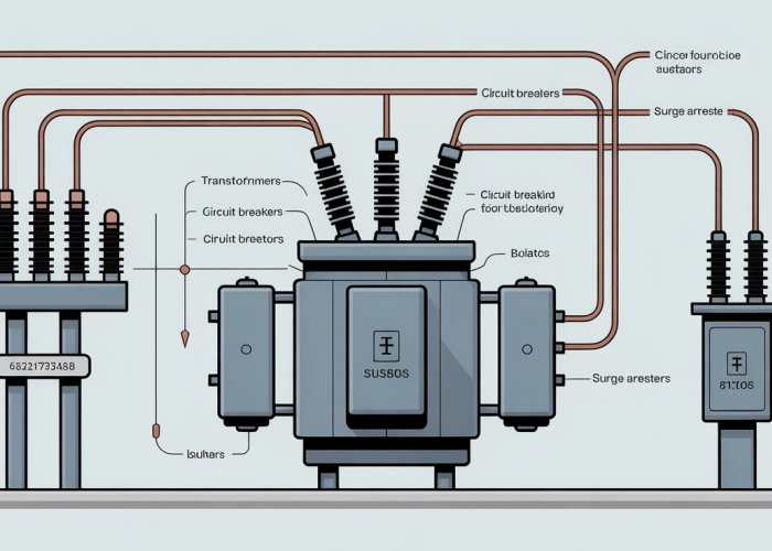 Electrical substation components diagram with labels showing transformers, circuit breakers, busbars, isolators, and surge arresters.