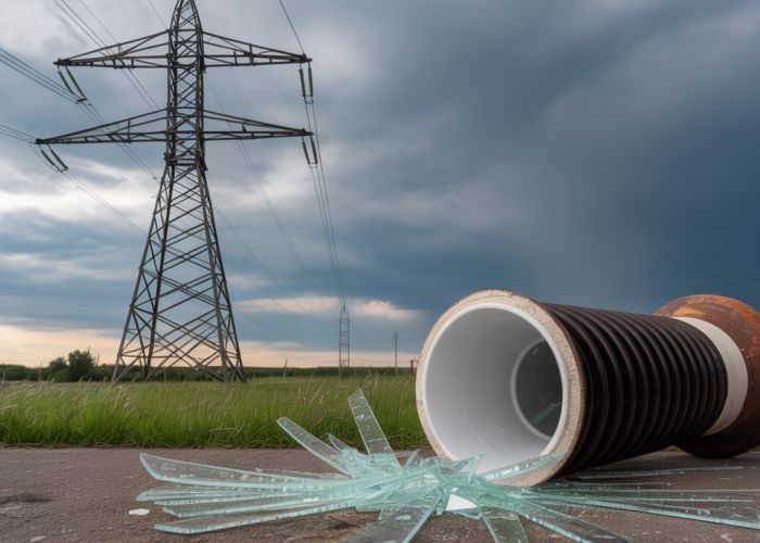 Shattered ceramic insulator near an electricity pylon, representing materials that block electricity.