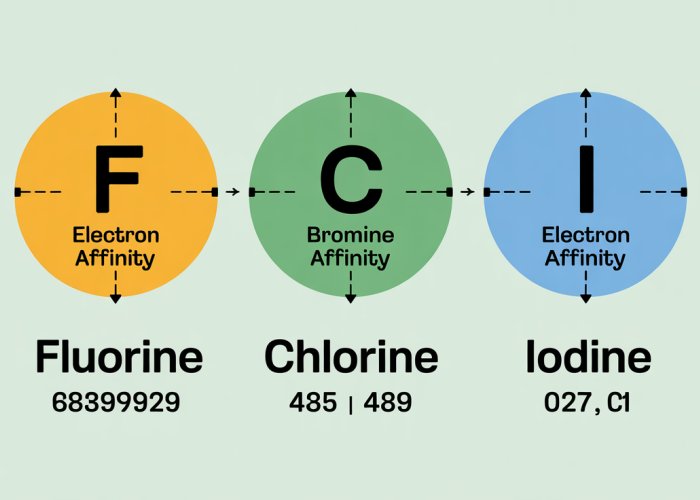 Infographic showing electron affinity trend of halogens (Fluorine, Chlorine, Bromine, Iodine). Highlights Chlorine's higher electron affinity compared to Fluorine due to smaller size and increased electron-electron repulsion in Fluorine.
