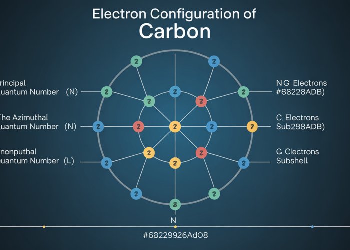 Electron configuration diagram of a carbon atom, showing 1s2 2s2 2p2 orbital filling.