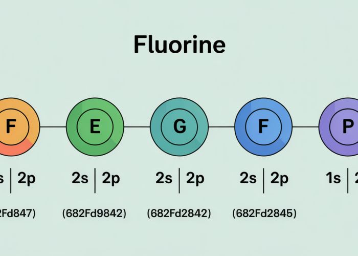 Electron configuration of Fluorine showing the distribution of electrons in different energy levels and orbitals (1s2 2s2 2p5).