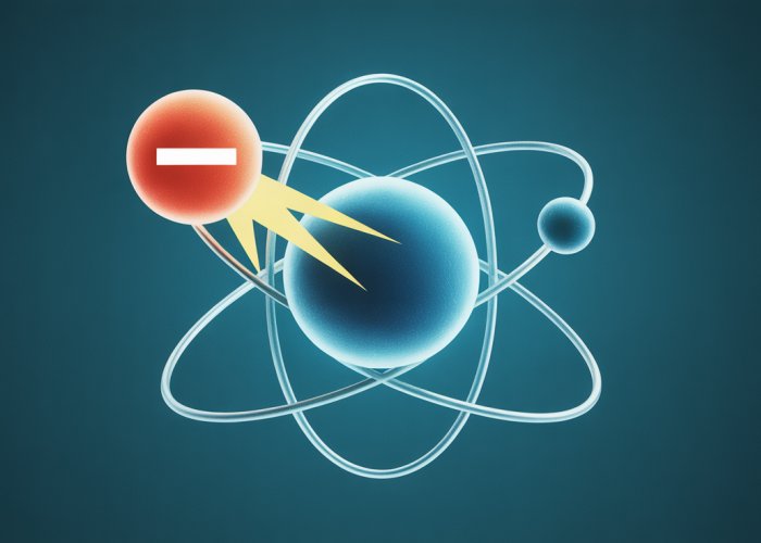 Illustration of an electron with a negative sign near an atom's nucleus, representing its negative charge.