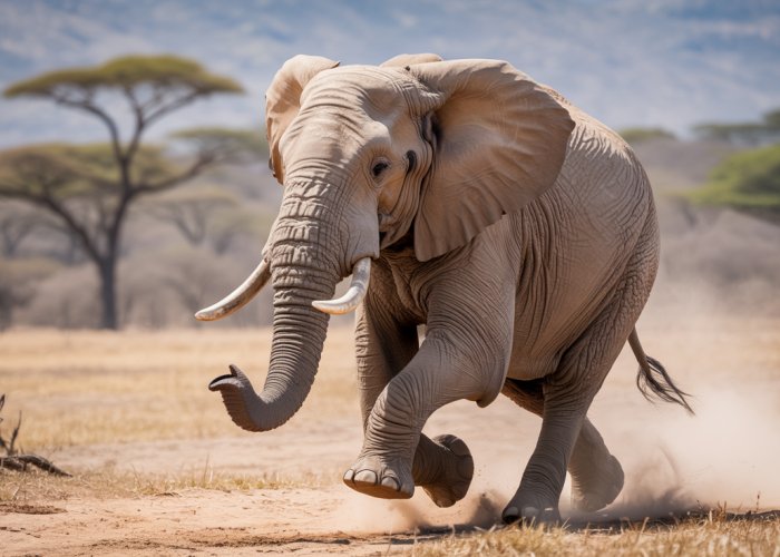 African elephant running at top speed across the savanna.