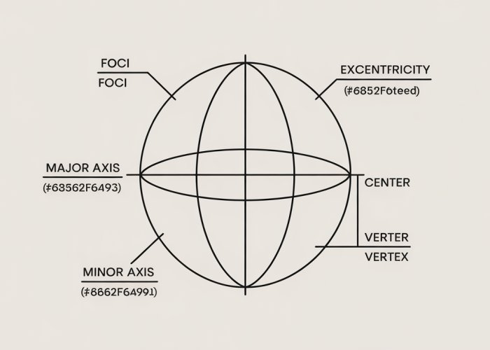 Diagram showing the properties of an ellipse, including foci, major and minor axes, center, vertices, and labeled with standard equation and eccentricity.