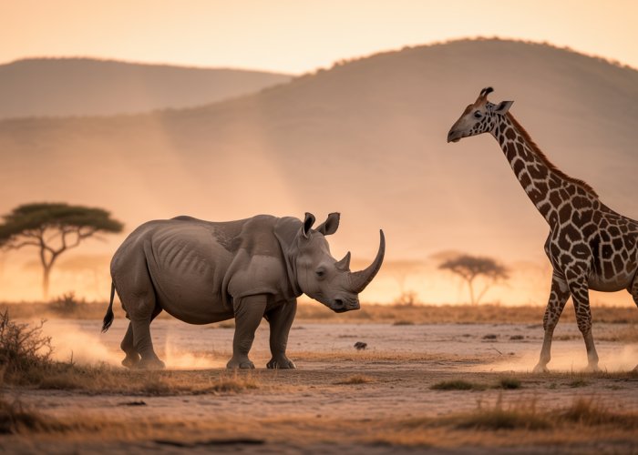 Endangered rhino silhouetted against a golden savanna sunset.