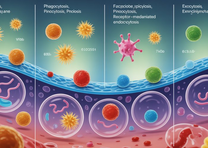 Illustration showing the processes of endocytosis and exocytosis at a cell membrane, including phagocytosis, pinocytosis, receptor-mediated endocytosis, and exocytosis.