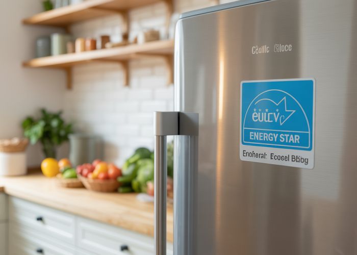 Energy-efficient refrigerator with Energy Star label in a modern kitchen.