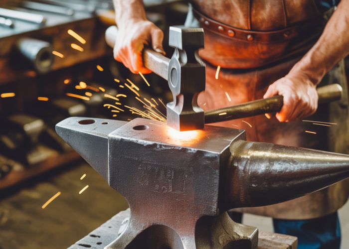 English anvil maker forging a new anvil in a traditional workshop, sparks flying.