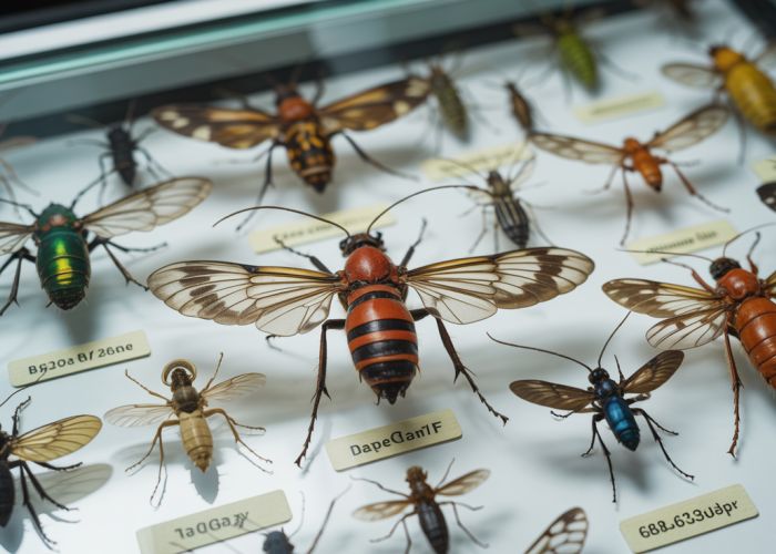 A meticulously arranged entomology collection featuring butterflies, beetles, and other insects pinned in a display case.