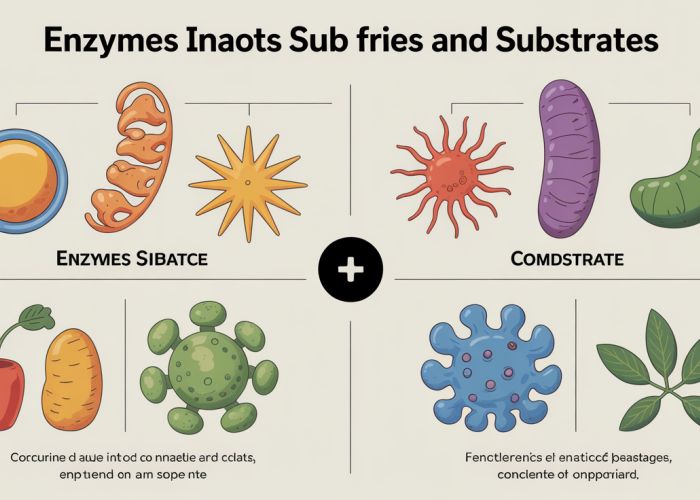 Infographic explaining the difference between enzymes and substrates, including their roles in biochemical reactions.