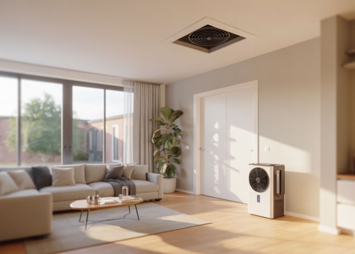 Energy Recovery Ventilator (ERV) and dehumidifier working together to maintain comfortable humidity and air quality in a modern home.