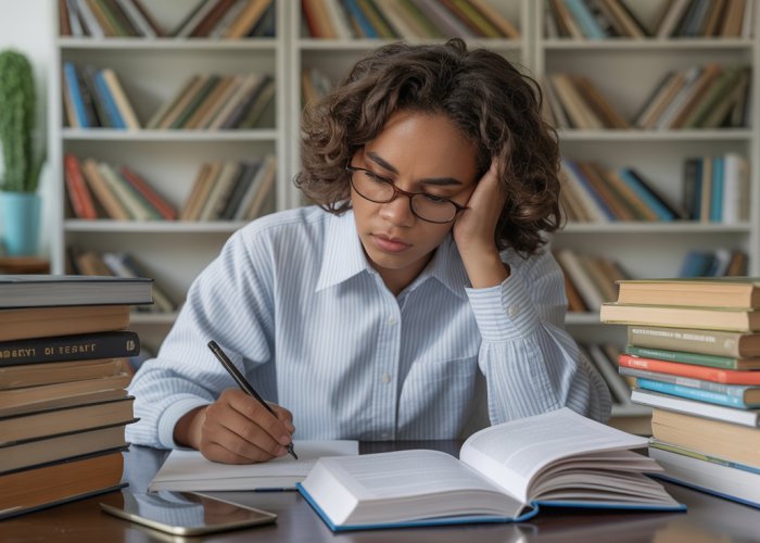Student thoughtfully writing an essay, surrounded by research materials. Focus on the importance of crafting a strong claim.