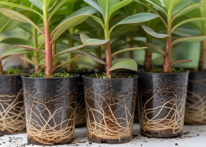 Euphorbia milii cuttings rooting in water, showing healthy root development.