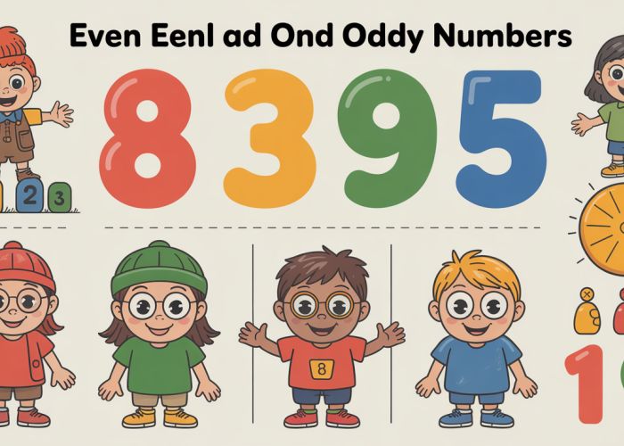 Infographic explaining even and odd numbers with examples for kids.