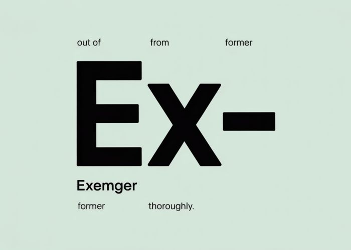 Visual representation of the 'ex-' prefix demonstrating its etymological roots and various meanings like 'out of,' 'from,' and 'former.'